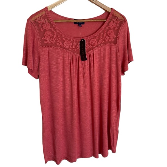 ARTESIA Lace Neckline Coral Top NWT - Picture 3 of 6